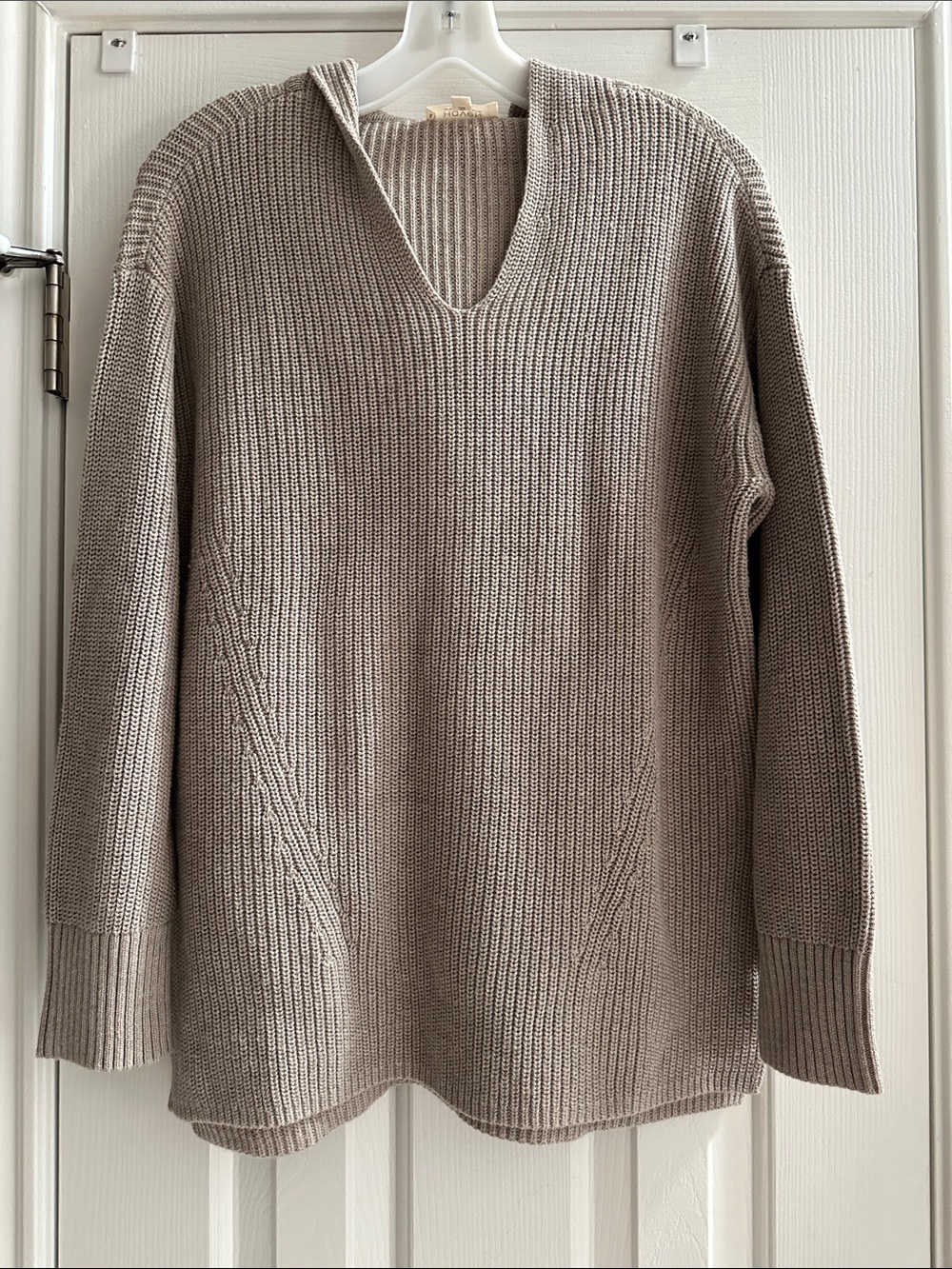 V-Neck Ribbed Knit Hooded Sweater Taupe Neutral Organic Cotton Cashmere M